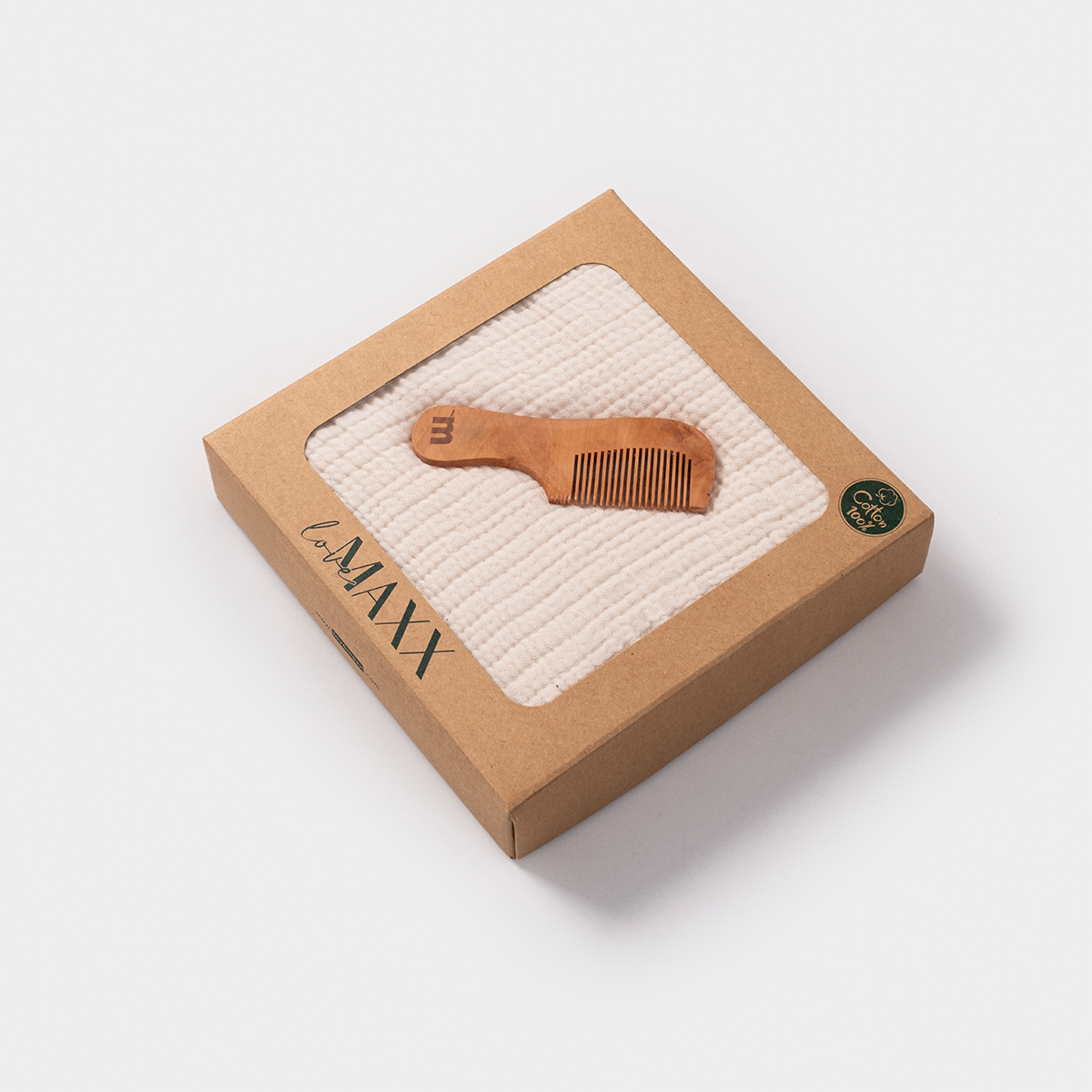 Mussola in cotone e pettine in legno naturale