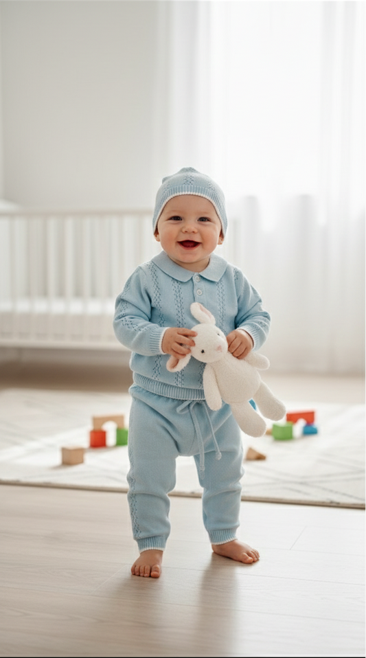 Completo Neonato in Maglia Azzurro Cielo - 3 pezzi