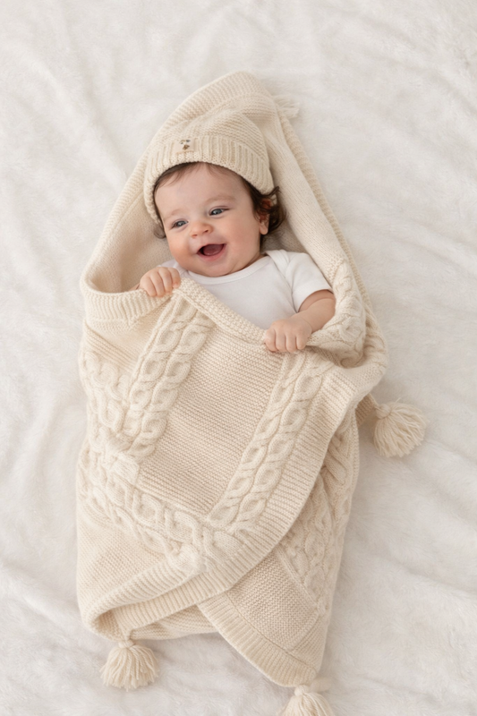 Coperta con pom-pon imbottita e cappellino unisex