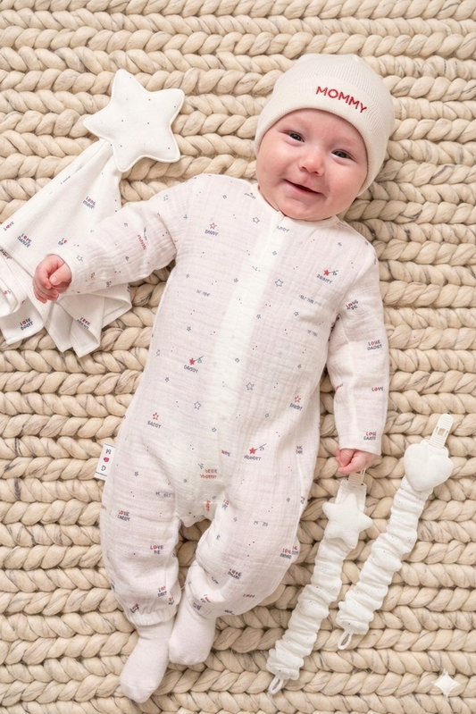 Tutina “Mummy & Daddy” In Mussola di Cotone + 2 Portaciuccio - Unisex