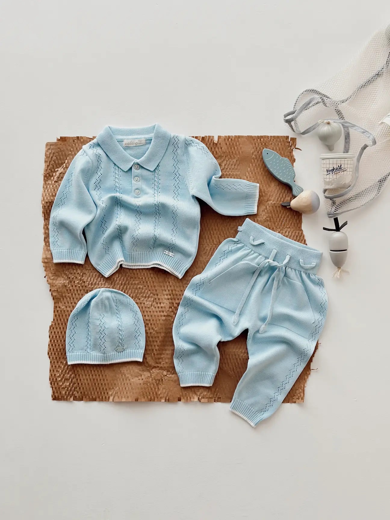 Completo Neonato in Maglia Azzurro Cielo - 3 pezzi