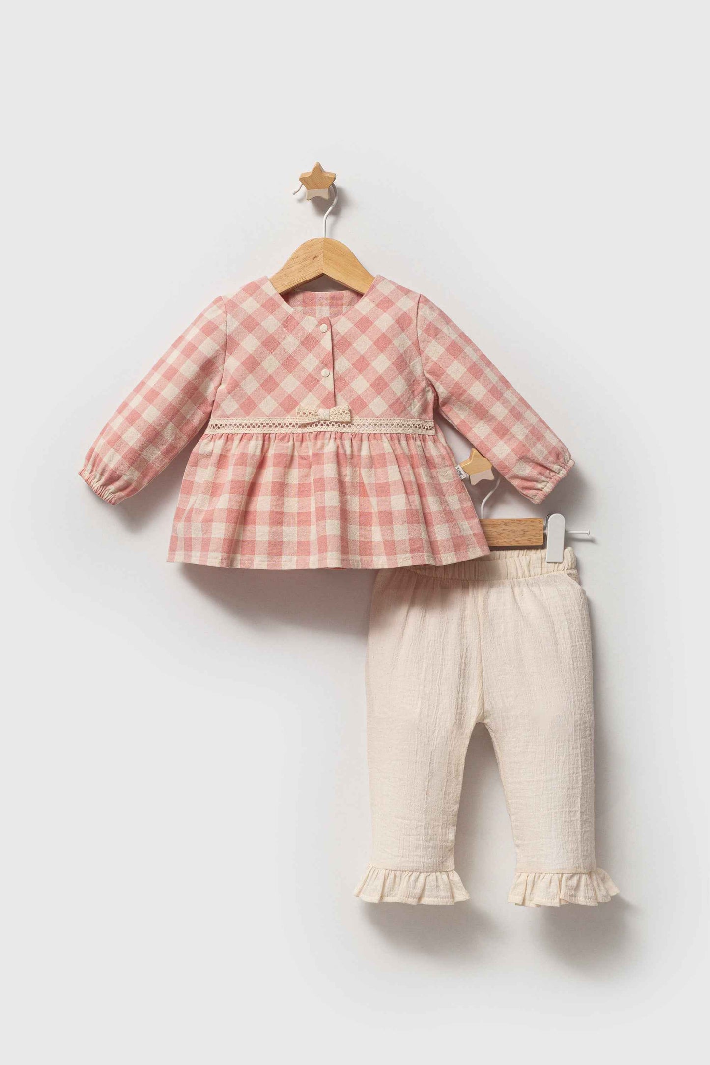 Completo neonata in cotone a quadretti rosa con pantalone panna