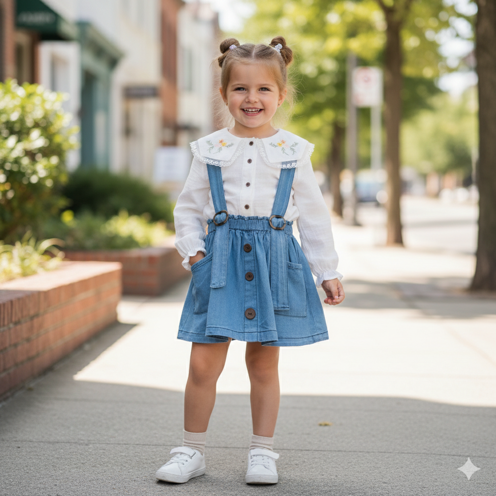 Completo bimba gonna con bretelle in denim e camicia ricamata