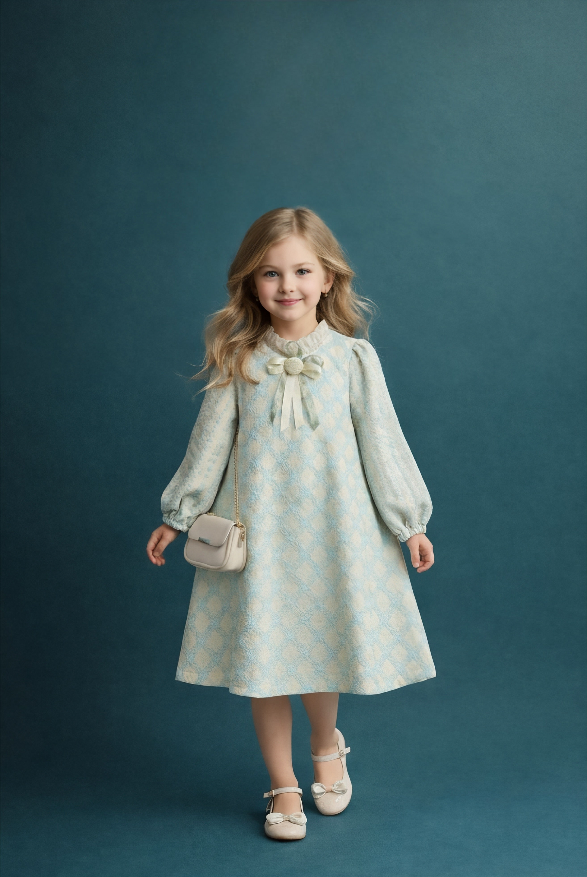 Abito bambina elegante jacquard celeste e panna – manica lunga con fiocco