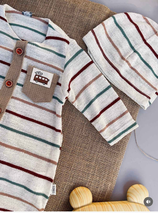 Tutina neonato/a a righe con cappellino abbinato