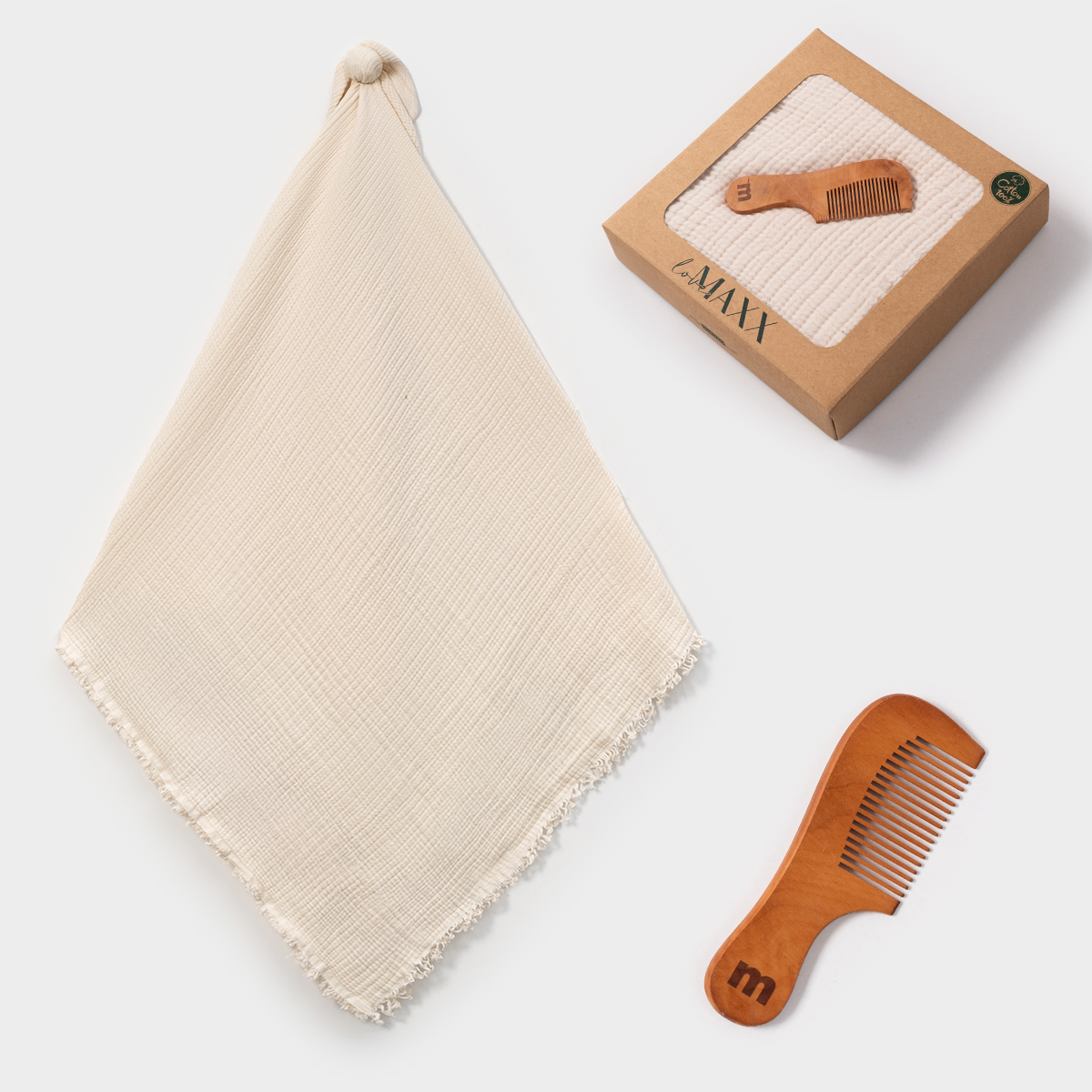 Mussola in cotone e pettine in legno naturale