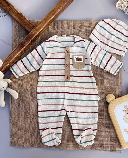 Tutina neonato/a a righe con cappellino abbinato