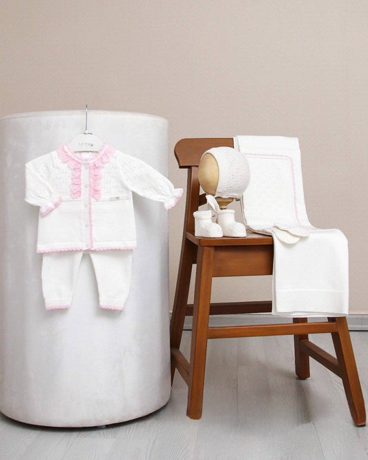 Set Neonato in Maglia con Dettagli Rosa – 6 Pezzi in Cotone Biologico