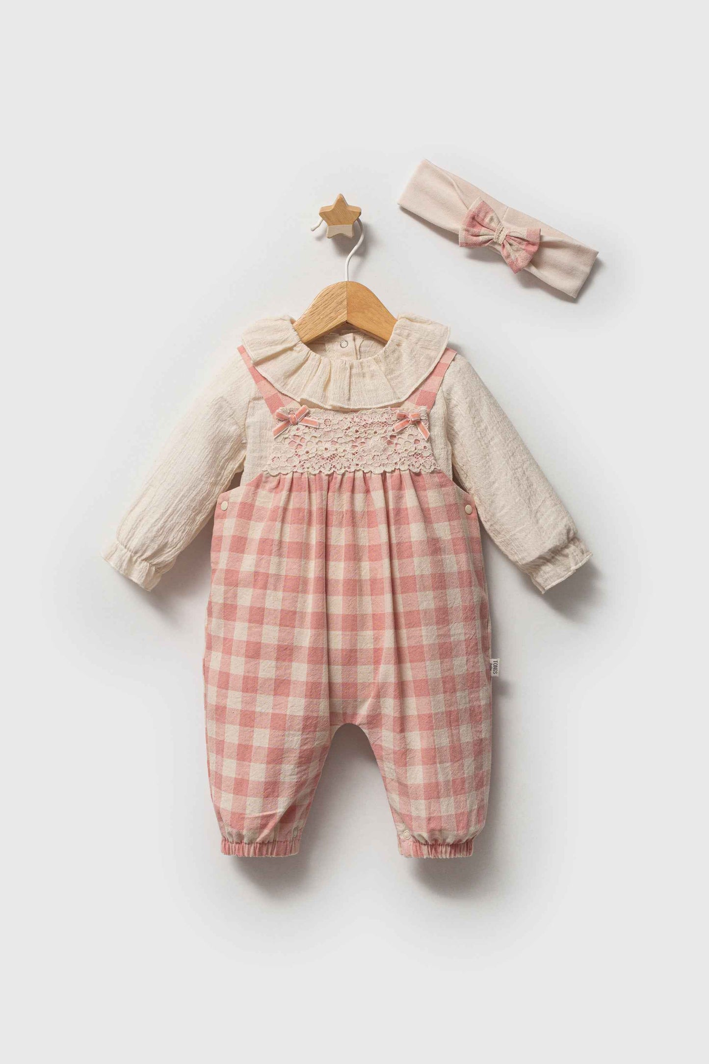 Salopette neonata con blusa e fascia coordinata