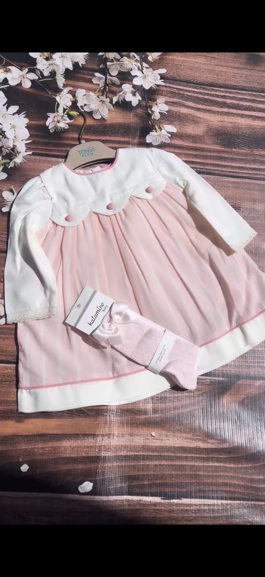 Abito neonata in cotone con sovragonna in tulle rigato