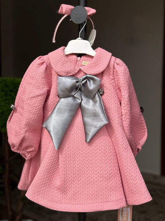 Abito bambina elegante in rosa – con maxi fiocco grigio + cerchietto