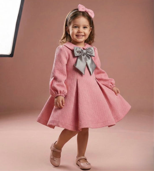 Abito bambina elegante in rosa – con maxi fiocco grigio + cerchietto