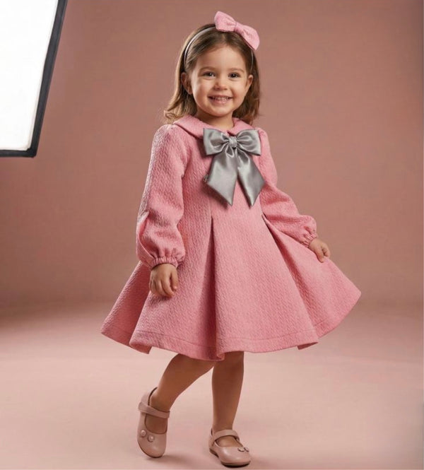 Abito bambina elegante in rosa – con maxi fiocco grigio + cerchietto