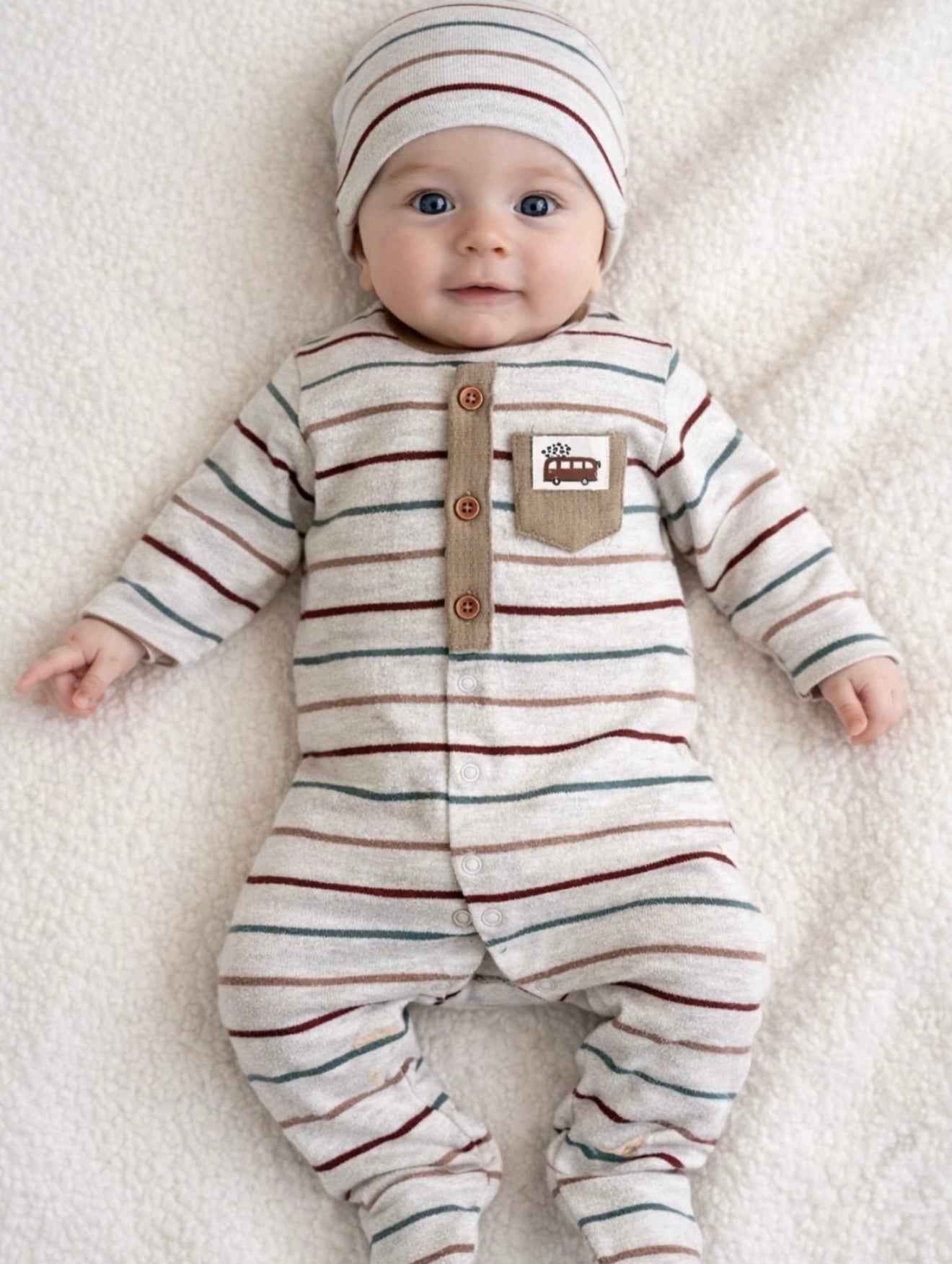 Tutina neonato/a a righe con cappellino abbinato