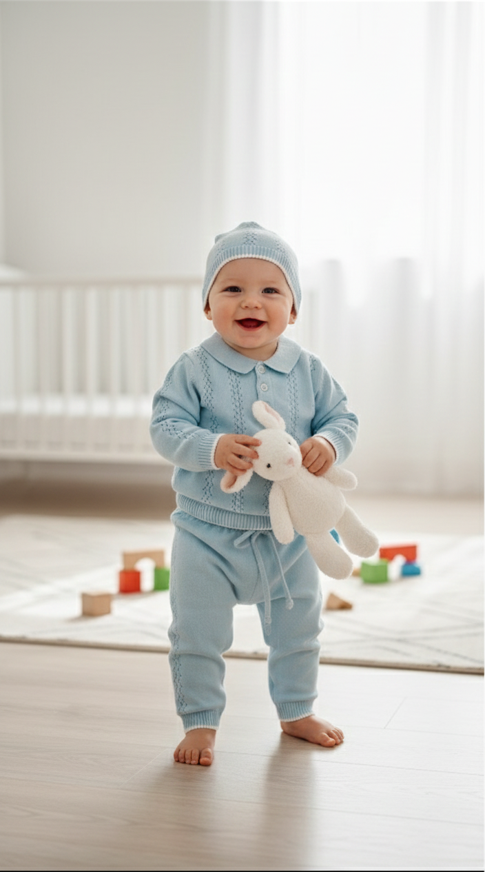 Completo Neonato in Maglia Azzurro Cielo - 3 pezzi