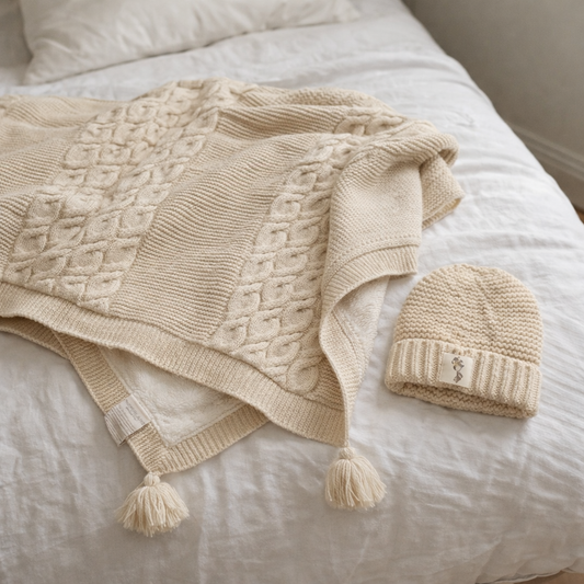 Coperta con pom-pon imbottita e cappellino unisex