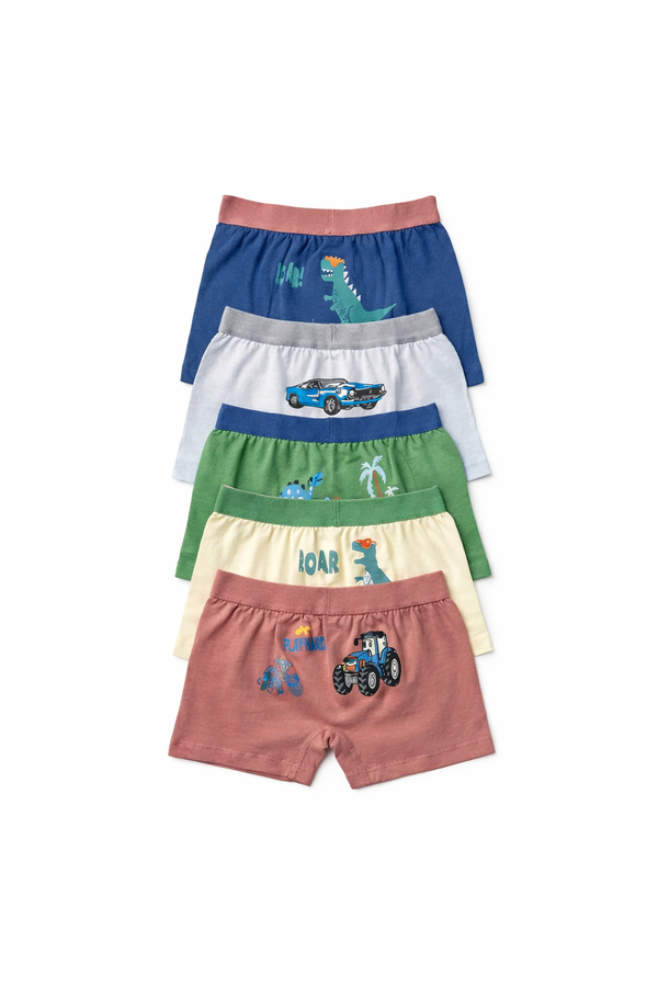 Boxer bambino in cotone elasticizzato – Pack da 5 – Fantasia dinosauri & veicoli - MiniMe- color