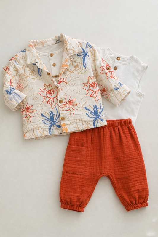 Camicia Floreale, Canotta e Pantaloni in mussola di cotone - MiniMe- color