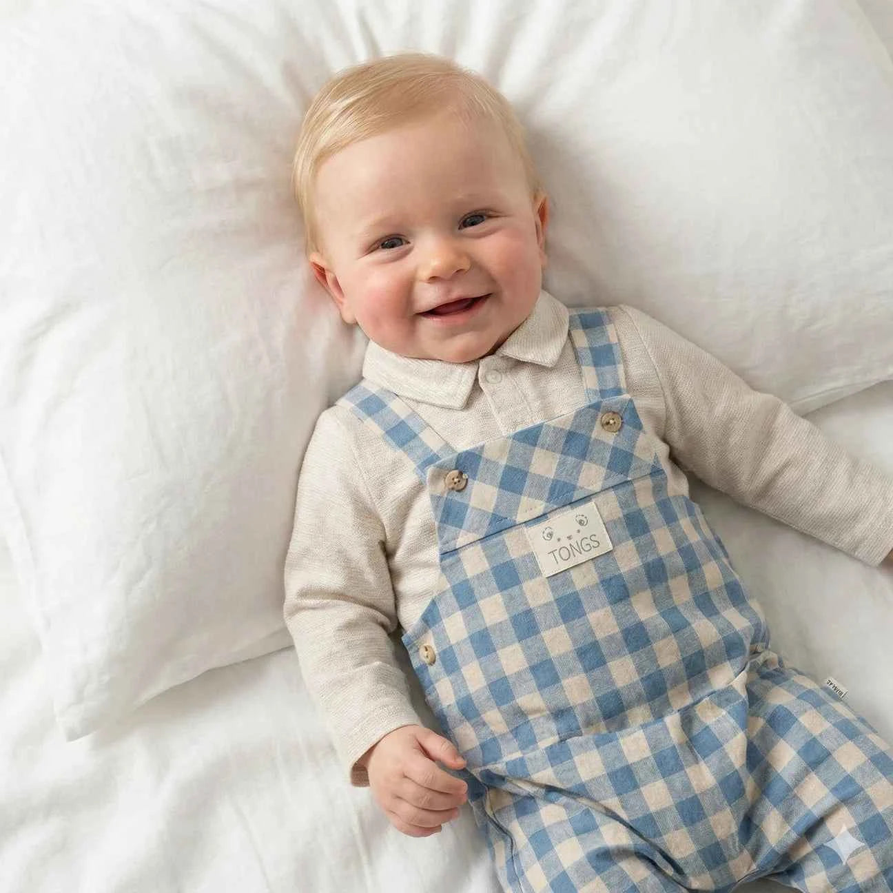 Salopette a quadretti azzurri con camicia in lino