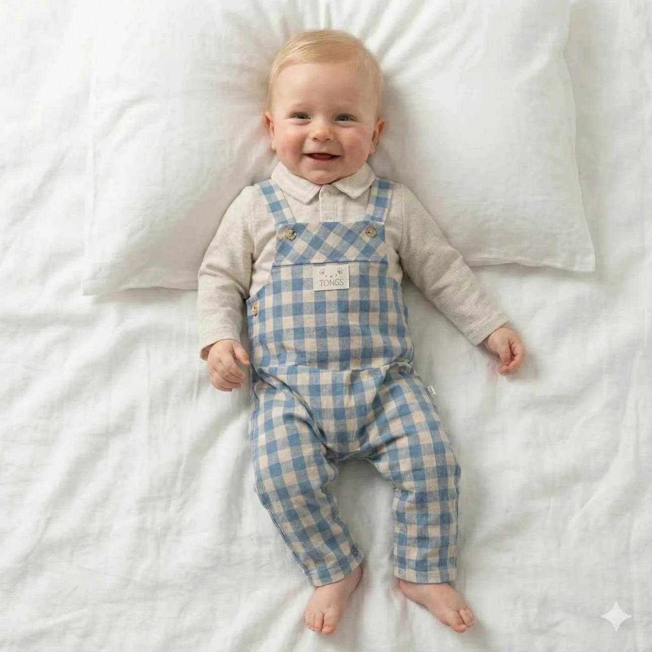 Salopette a quadretti azzurri con camicia in lino