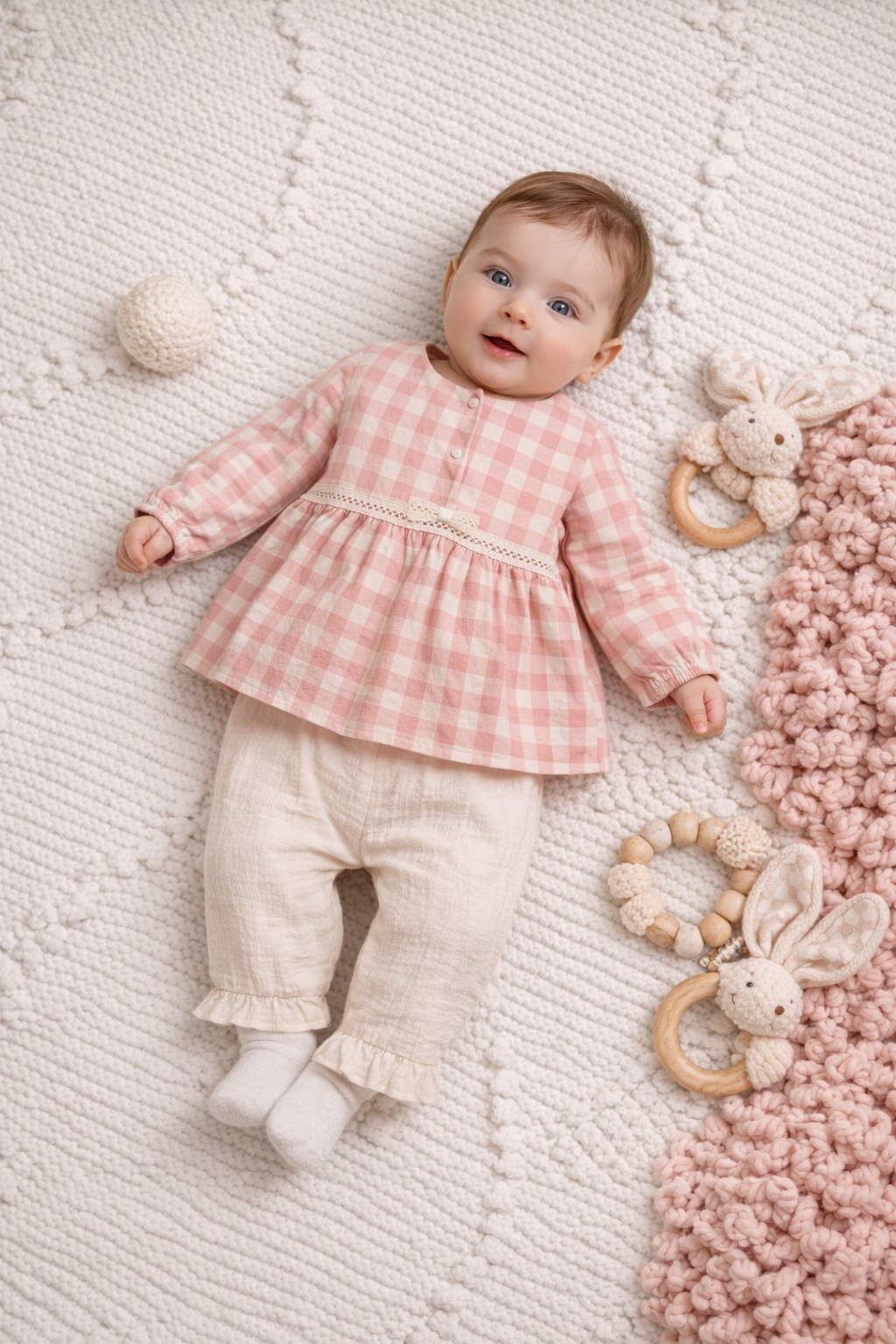 Completo neonata in cotone a quadretti rosa con pantalone panna - MiniMe- color