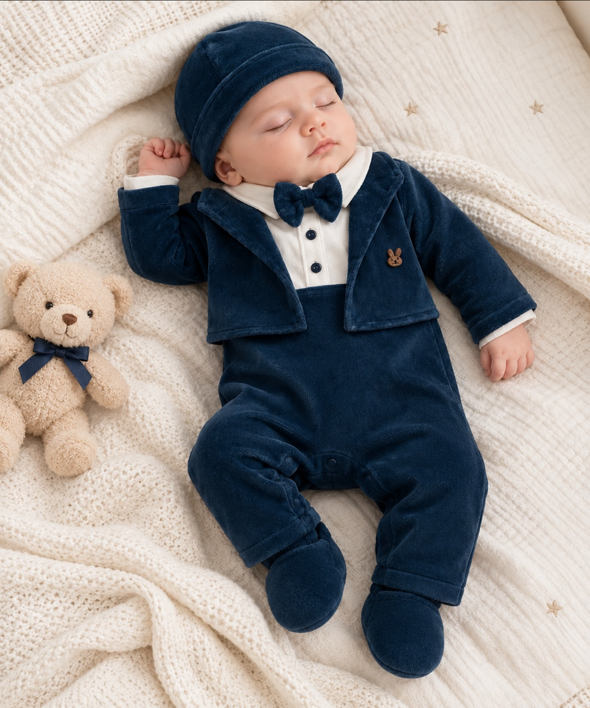 Completo Elegante Neonato Effetto Smoking in Velluto Blu - 5 Pezzi