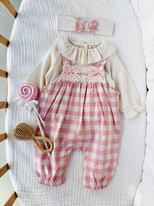 Salopette neonata con blusa e fascia coordinata
