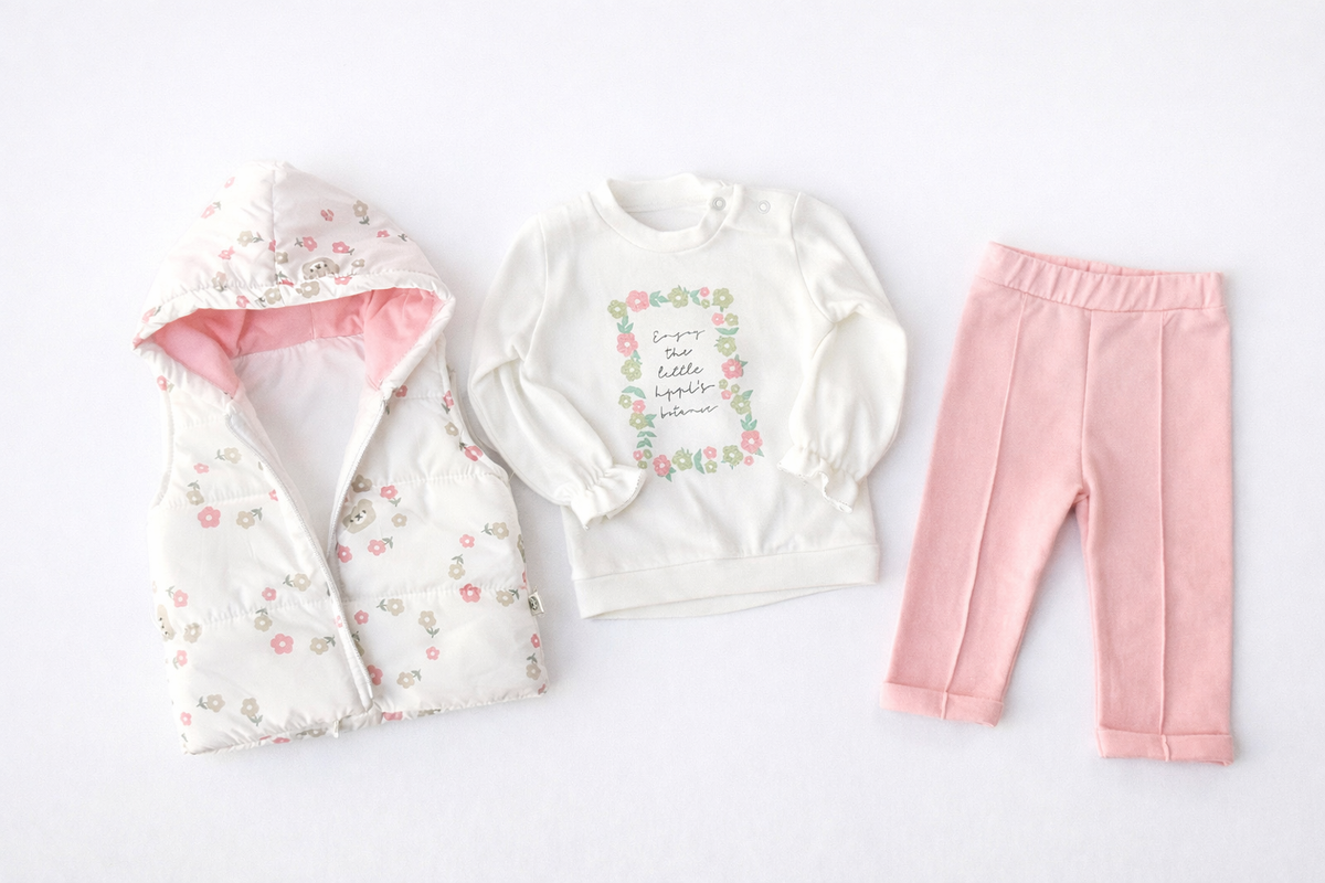 Baby-Komplettset 3-teilig mit gepolsterter Weste 100 % Baumwolle