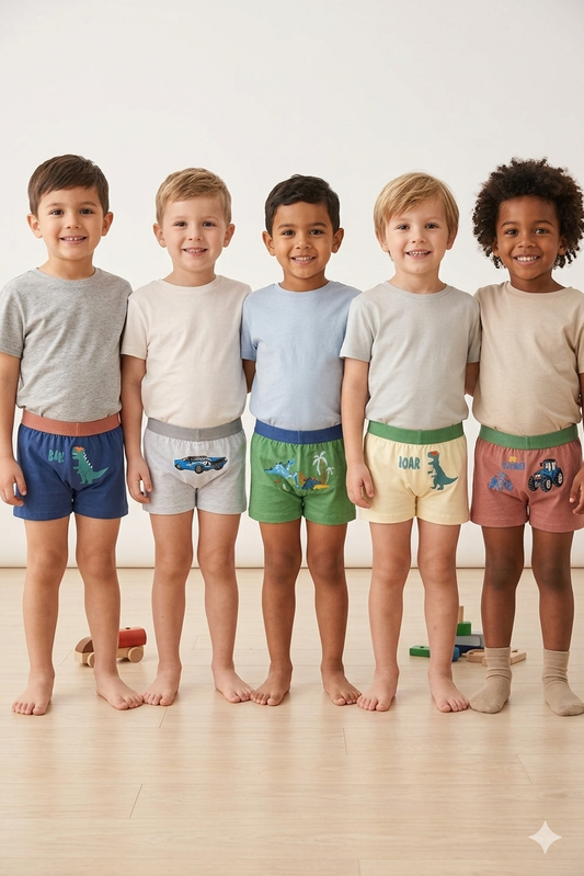 Boxer bambino in cotone elasticizzato – Pack da 5 – Fantasia dinosauri & veicoli
