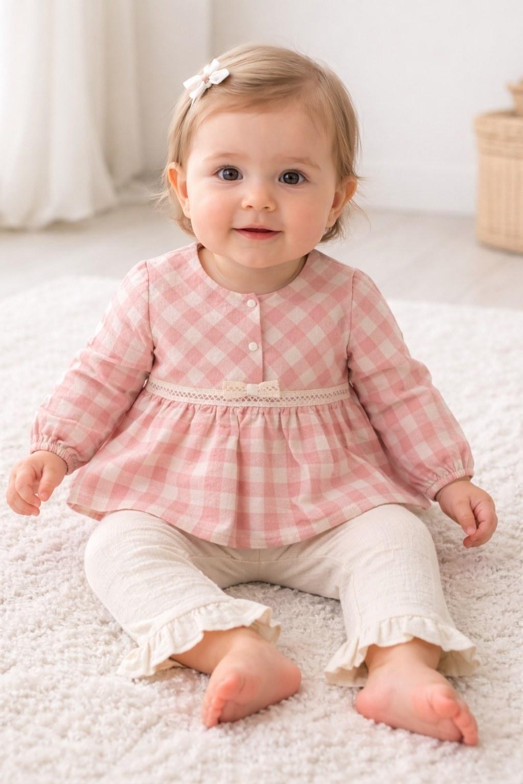 Completo neonata in cotone a quadretti rosa con pantalone panna