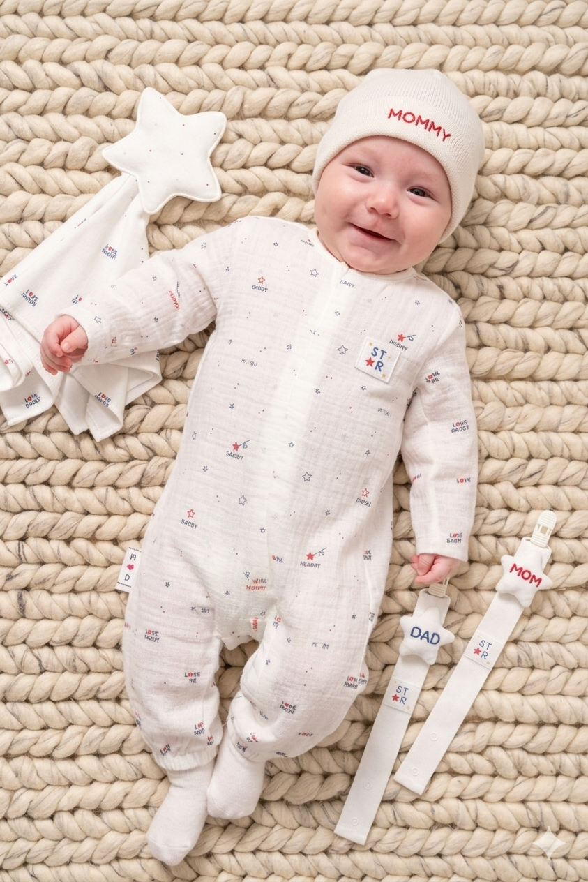 Tutina “Mummy & Daddy” In Mussola di Cotone + 2 Portaciuccio - Unisex