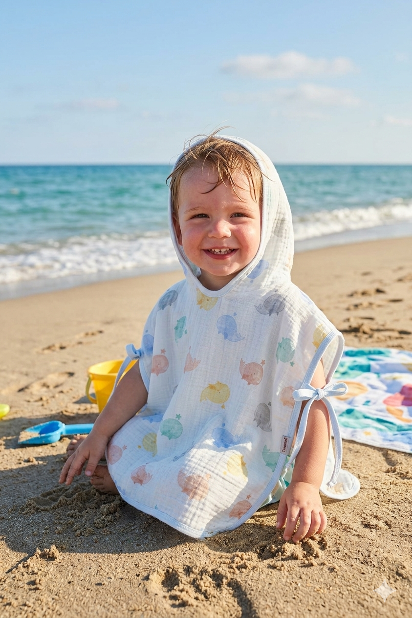 Poncho Mare e Bagno in Mussola di Cotone – Fantasia Balene Colorate