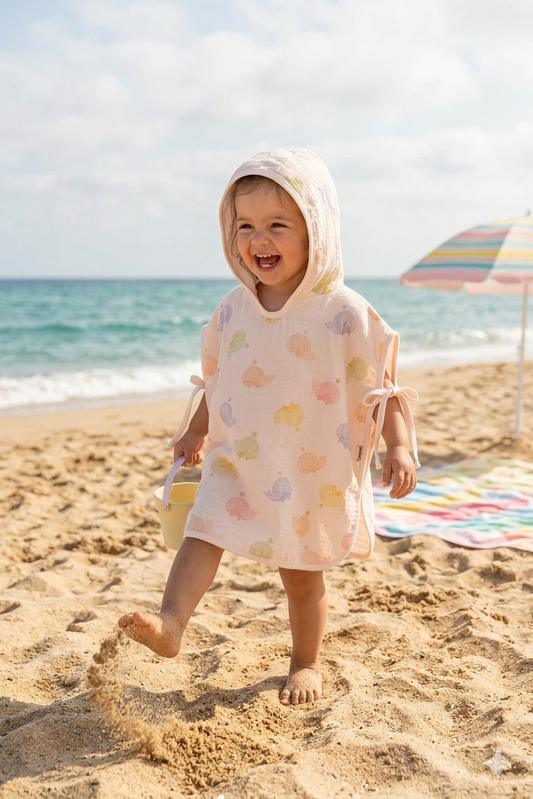 Poncho Mare e Bagno in Mussola di Cotone – Fantasia Balene Colorate