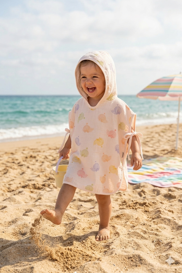Poncho Mare e Bagno in Mussola di Cotone – Fantasia Balene Colorate